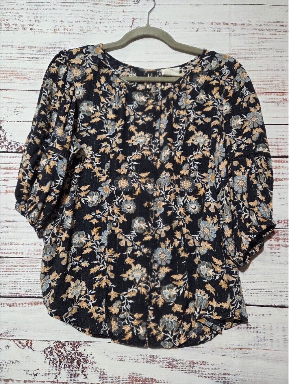 Knox Rose Small Navy Floral Blouse 3/4 Sleeve Button-Up Light weight Boho